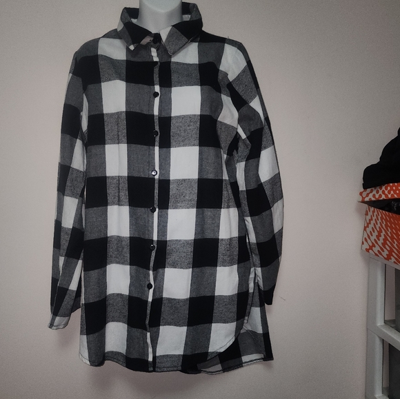 SHEIN Black and White Plaid Flannel Shirt L - Picture 2 of 12